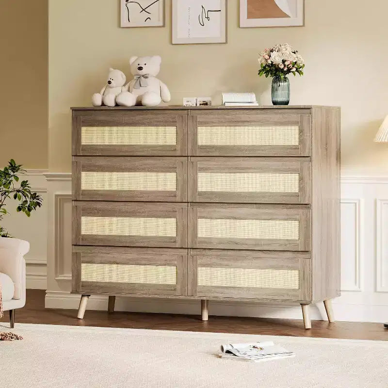 Commode à 8 tiroirs en rotin, meuble de rangement en bois finition naturelle pour chambre, chambre de bébé, salon ou entrée