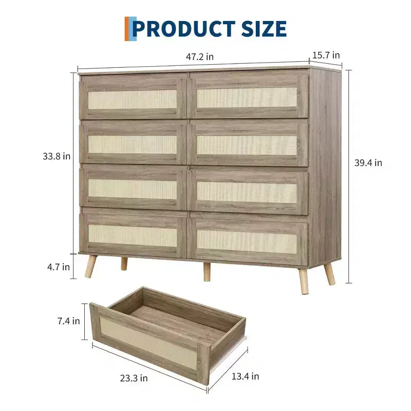 Commode à 8 tiroirs en rotin, meuble de rangement en bois finition naturelle pour chambre, chambre de bébé, salon ou entrée