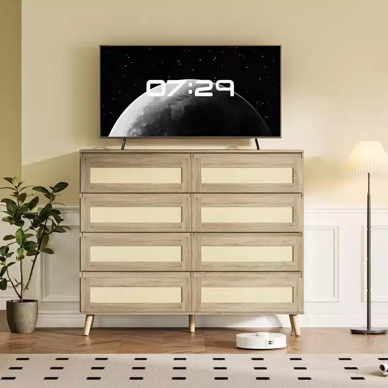 Commode à 8 tiroirs en rotin, meuble de rangement en bois finition naturelle pour chambre, chambre de bébé, salon ou entrée