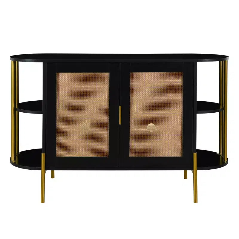 Buffet 2 portes incurvé avec garniture dorée et portes tissées, meuble de rangement pour salle à manger et salon, noir