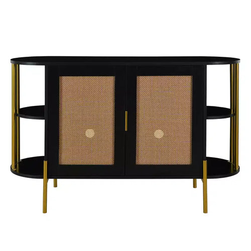 Buffet 2 portes incurvé avec garniture dorée et portes tissées, meuble de rangement pour salle à manger et salon, noir