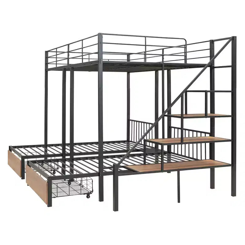 Lit superposé triple en métal, double sur double, avec tiroirs, cadre superposé robuste avec escalier de rangement, noir