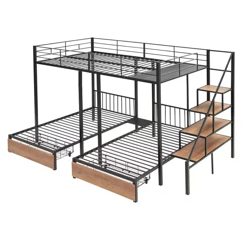Lit superposé triple en métal, double sur double, avec tiroirs, cadre superposé robuste avec escalier de rangement, noir