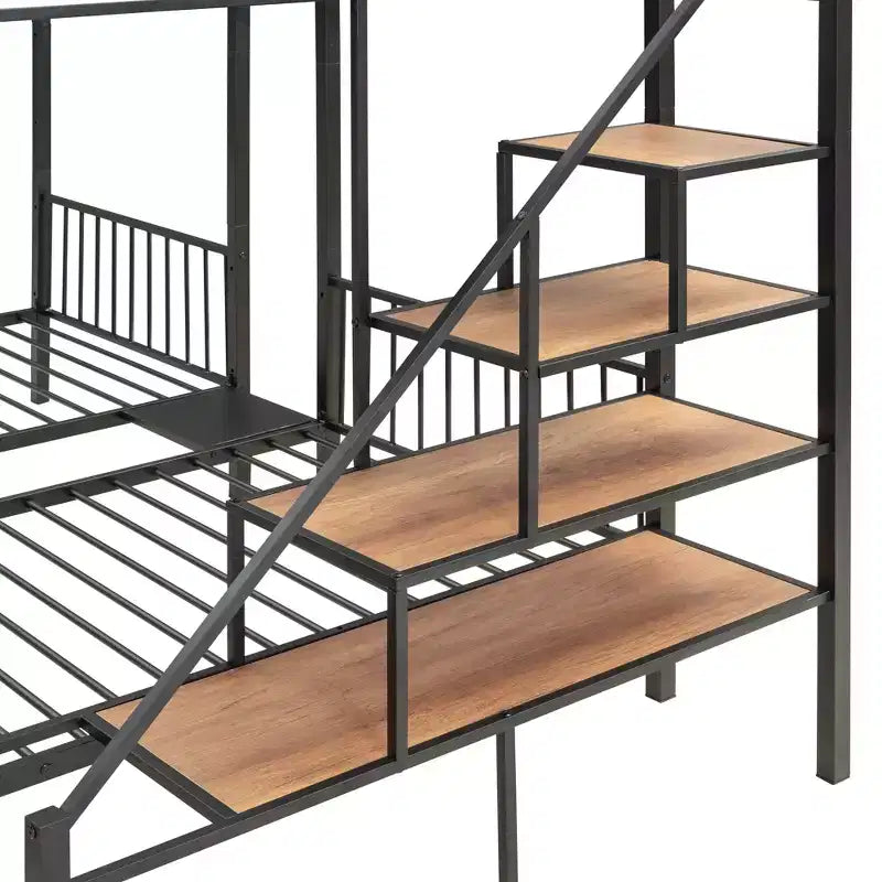 Lit superposé triple en métal, double sur double, avec tiroirs, cadre superposé robuste avec escalier de rangement, noir