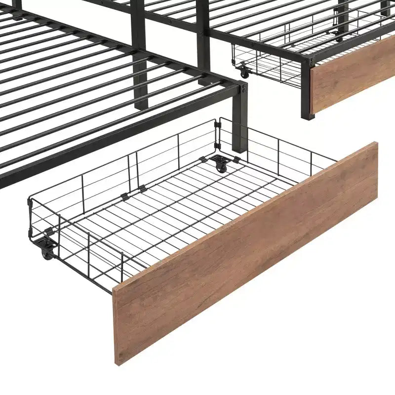 Lit superposé triple en métal, double sur double, avec tiroirs, cadre superposé robuste avec escalier de rangement, noir