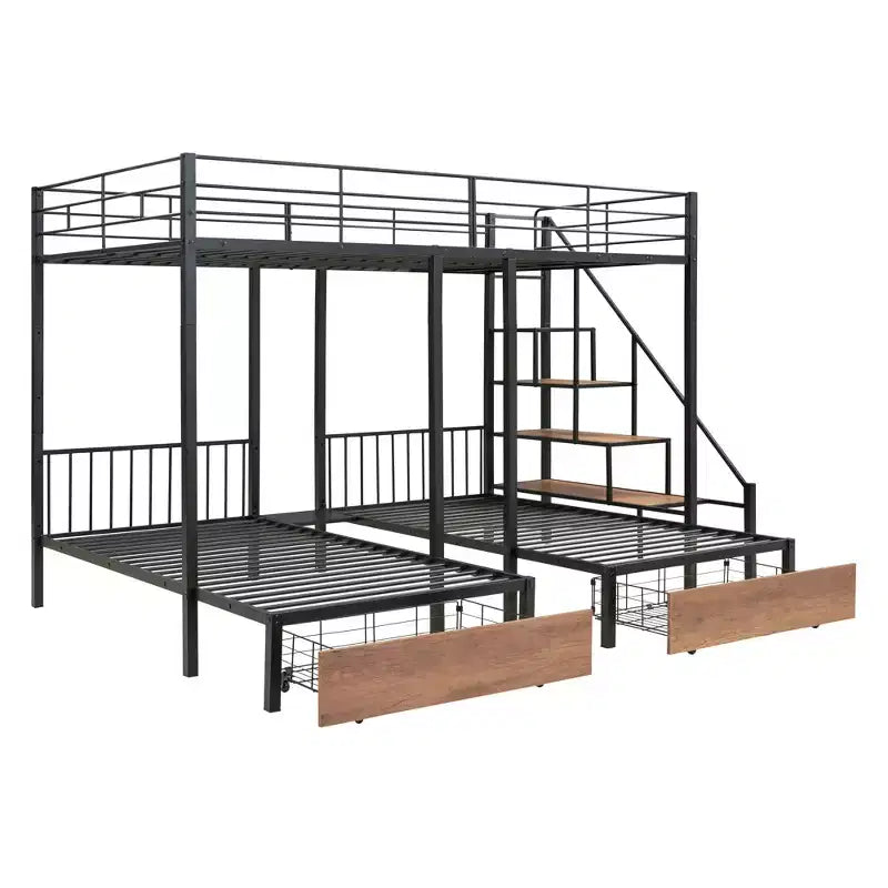 Lit superposé triple en métal, double sur double, avec tiroirs, cadre superposé robuste avec escalier de rangement, noir