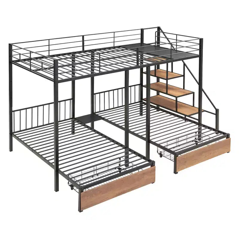 Lit superposé triple en métal, double sur double, avec tiroirs, cadre superposé robuste avec escalier de rangement, noir