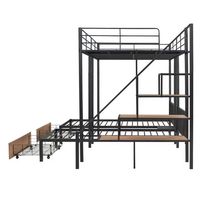 Lit superposé triple en métal, double sur double, avec tiroirs, cadre superposé robuste avec escalier de rangement, noir
