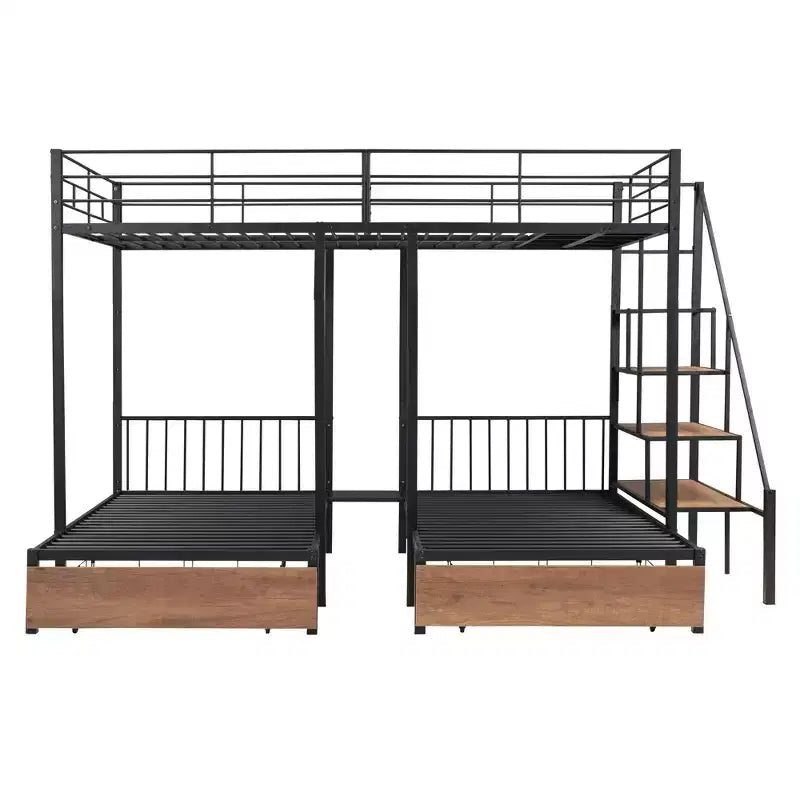 Lit superposé triple en métal, double sur double, avec tiroirs, cadre superposé robuste avec escalier de rangement, noir