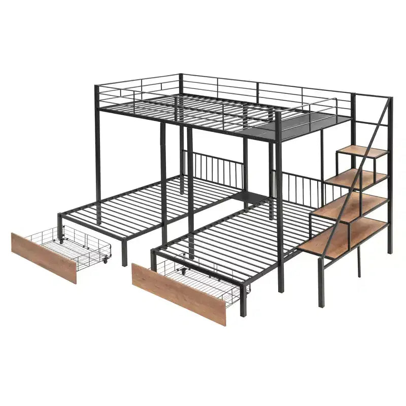 Lit superposé triple en métal, double sur double, avec tiroirs, cadre superposé robuste avec escalier de rangement, noir