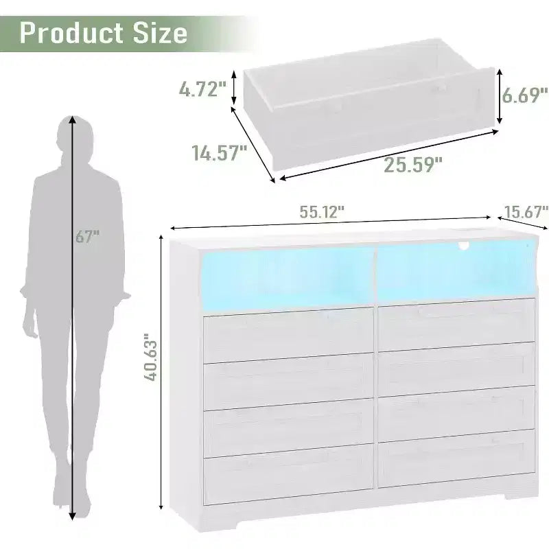 Commode 8 tiroirs avec station de charge et lumières LED, commode moderne avec prise de courant, meuble de rangement pour chambre, salon