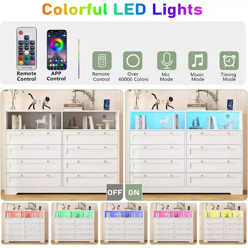 Commode 8 tiroirs avec station de charge et lumières LED, commode moderne avec prise de courant, meuble de rangement pour chambre, salon