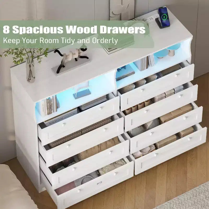 Commode 8 tiroirs avec station de charge et lumières LED, commode moderne avec prise de courant, meuble de rangement pour chambre, salon