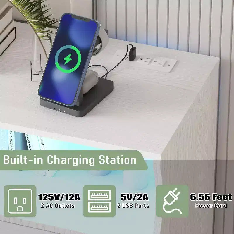 Commode 8 tiroirs avec station de charge et lumières LED, commode moderne avec prise de courant, meuble de rangement pour chambre, salon