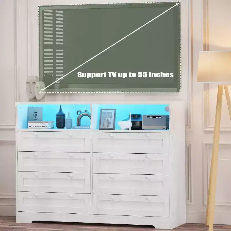 Commode 8 tiroirs avec station de charge et lumières LED, commode moderne avec prise de courant, meuble de rangement pour chambre, salon