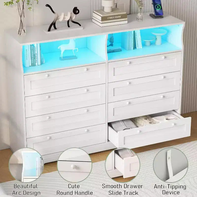 Commode 8 tiroirs avec station de charge et lumières LED, commode moderne avec prise de courant, meuble de rangement pour chambre, salon