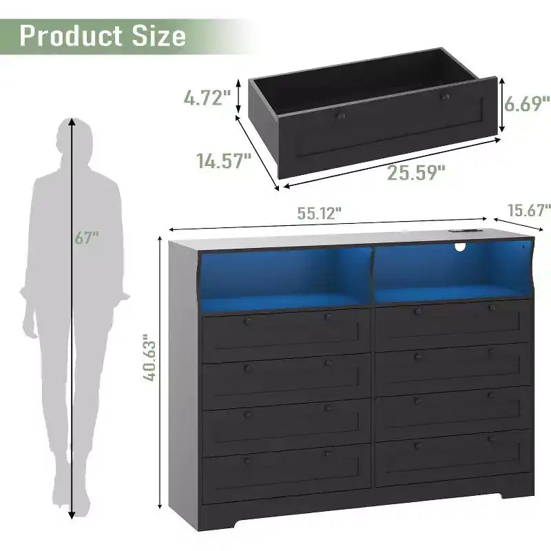 Commode 8 tiroirs avec station de charge et lumières LED, commode moderne avec prise de courant, meuble de rangement pour chambre, salon