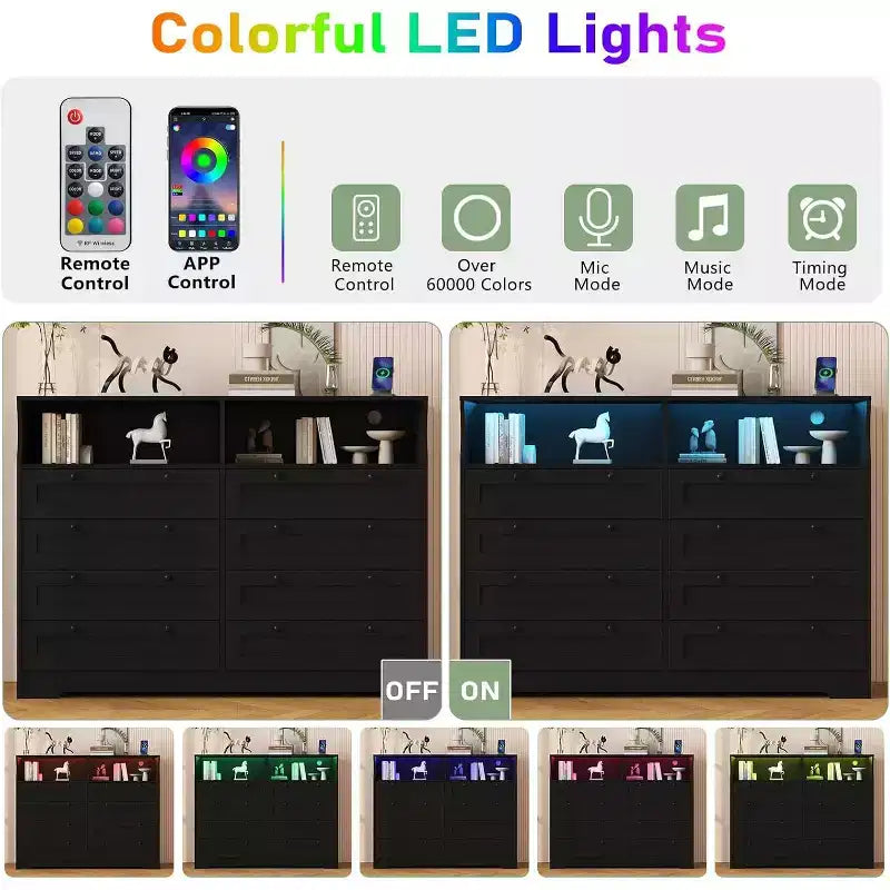 Commode 8 tiroirs avec station de charge et lumières LED, commode moderne avec prise de courant, meuble de rangement pour chambre, salon