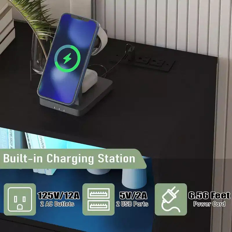 Commode 8 tiroirs avec station de charge et lumières LED, commode moderne avec prise de courant, meuble de rangement pour chambre, salon