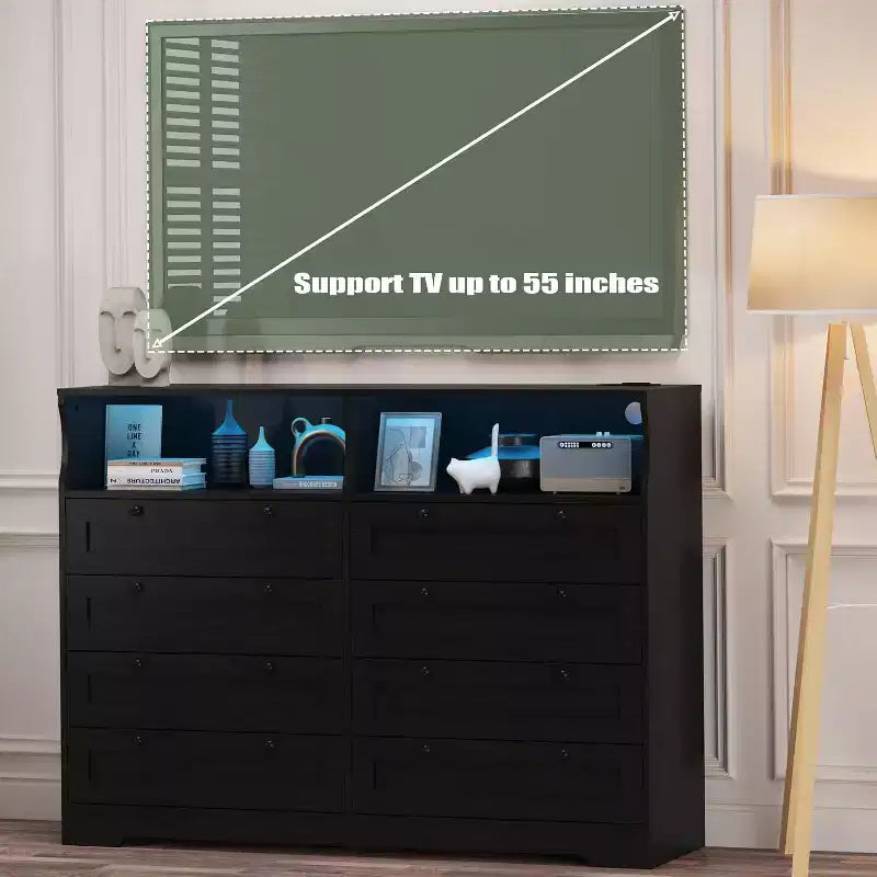 Commode 8 tiroirs avec station de charge et lumières LED, commode moderne avec prise de courant, meuble de rangement pour chambre, salon