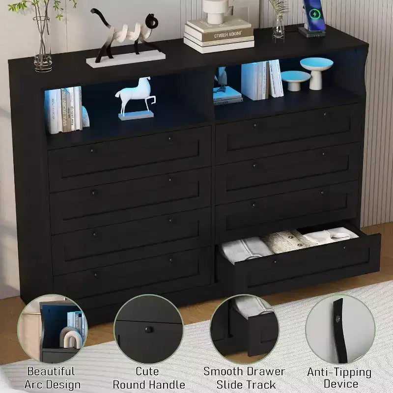 Commode 8 tiroirs avec station de charge et lumières LED, commode moderne avec prise de courant, meuble de rangement pour chambre, salon