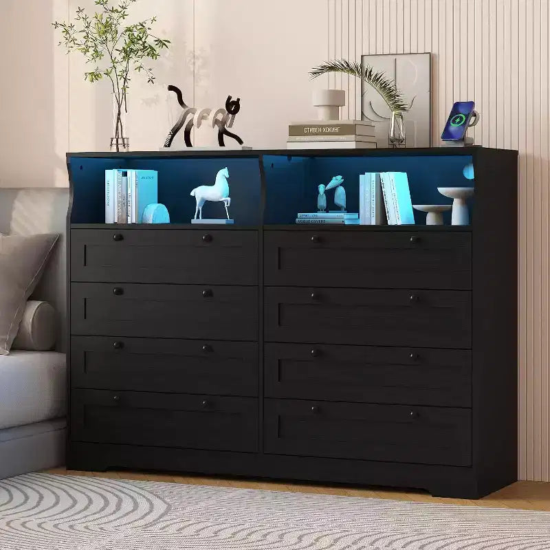 Commode 8 tiroirs avec station de charge et lumières LED, commode moderne avec prise de courant, meuble de rangement pour chambre, salon
