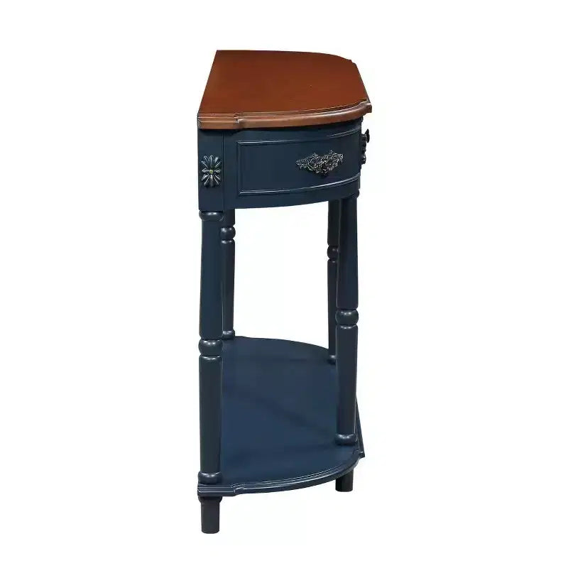 Console incurvée rétro de 52 po en bois avec étagère ouverte et 2 tiroirs pour salon et couloir, bleu marine et plateau marron