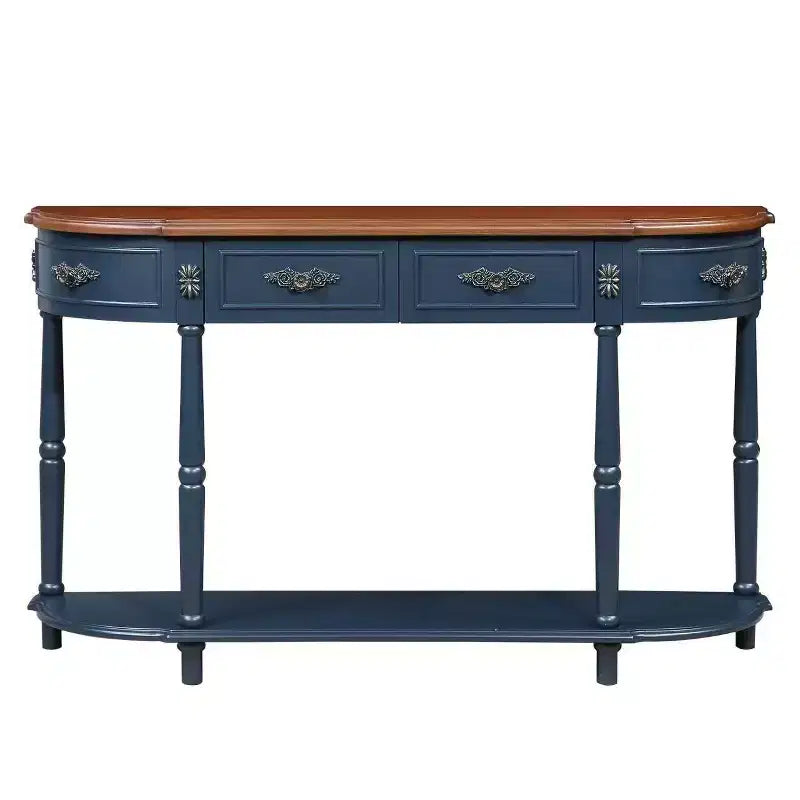 Console incurvée rétro de 52 po en bois avec étagère ouverte et 2 tiroirs pour salon et couloir, bleu marine et plateau marron
