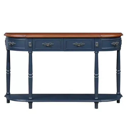 Console incurvée rétro de 52 po en bois avec étagère ouverte et 2 tiroirs pour salon et couloir, bleu marine et plateau marron