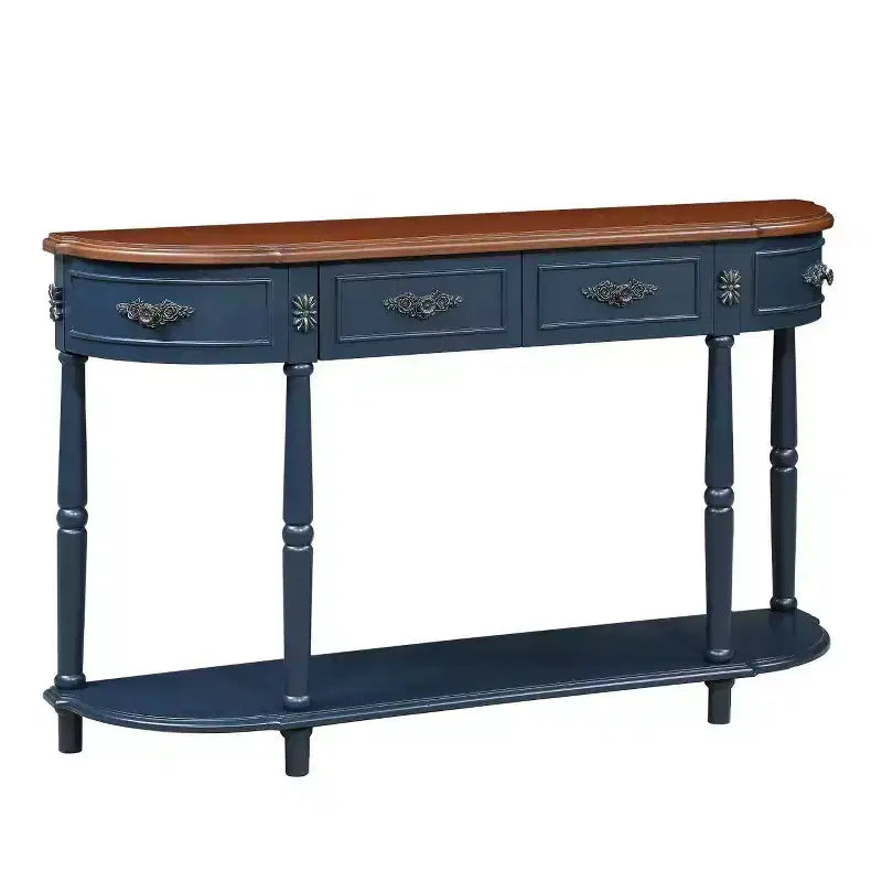 Console incurvée rétro de 52 po en bois avec étagère ouverte et 2 tiroirs pour salon et couloir, bleu marine et plateau marron