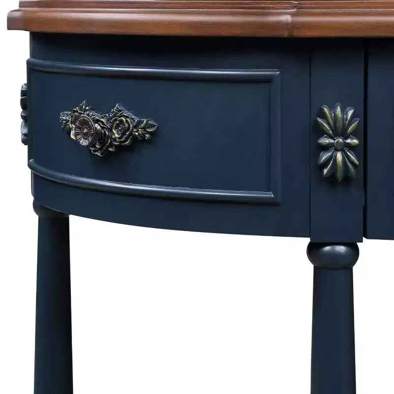 Console incurvée rétro de 52 po en bois avec étagère ouverte et 2 tiroirs pour salon et couloir, bleu marine et plateau marron