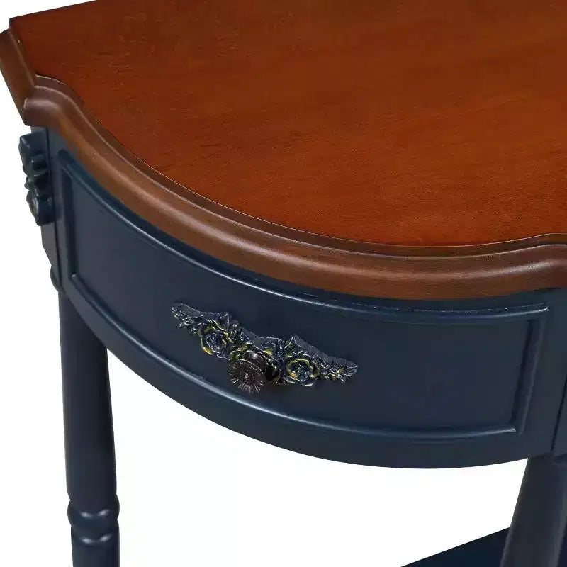 Console incurvée rétro de 52 po en bois avec étagère ouverte et 2 tiroirs pour salon et couloir, bleu marine et plateau marron
