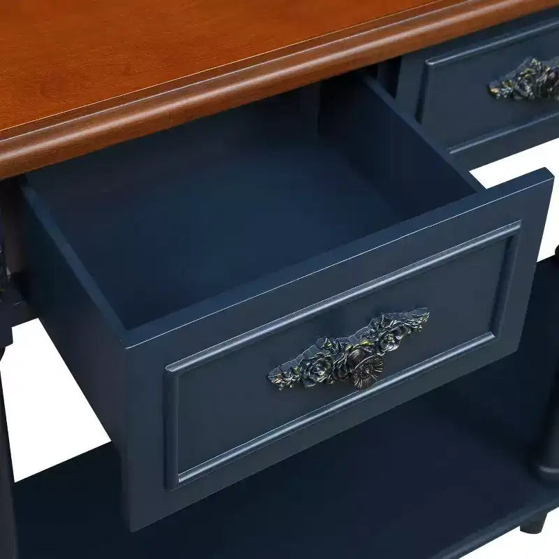 Console incurvée rétro de 52 po en bois avec étagère ouverte et 2 tiroirs pour salon et couloir, bleu marine et plateau marron